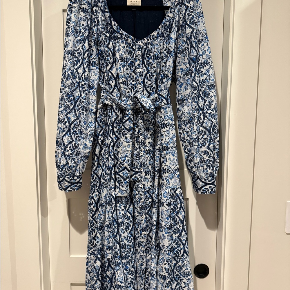Sezane Blue and White Midi Dress, size 46 (US 14)
